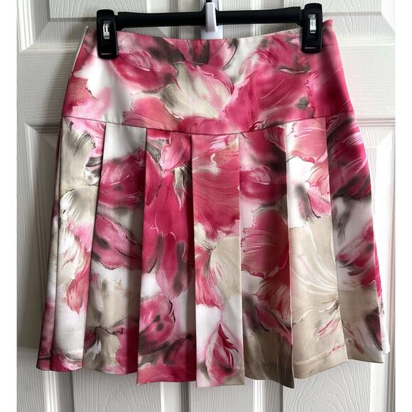 ST. JOHN COUTURE MARIE GRAY 100% Silk Satin Watercolor Floral Pleated Skirt - Picture 1 of 9